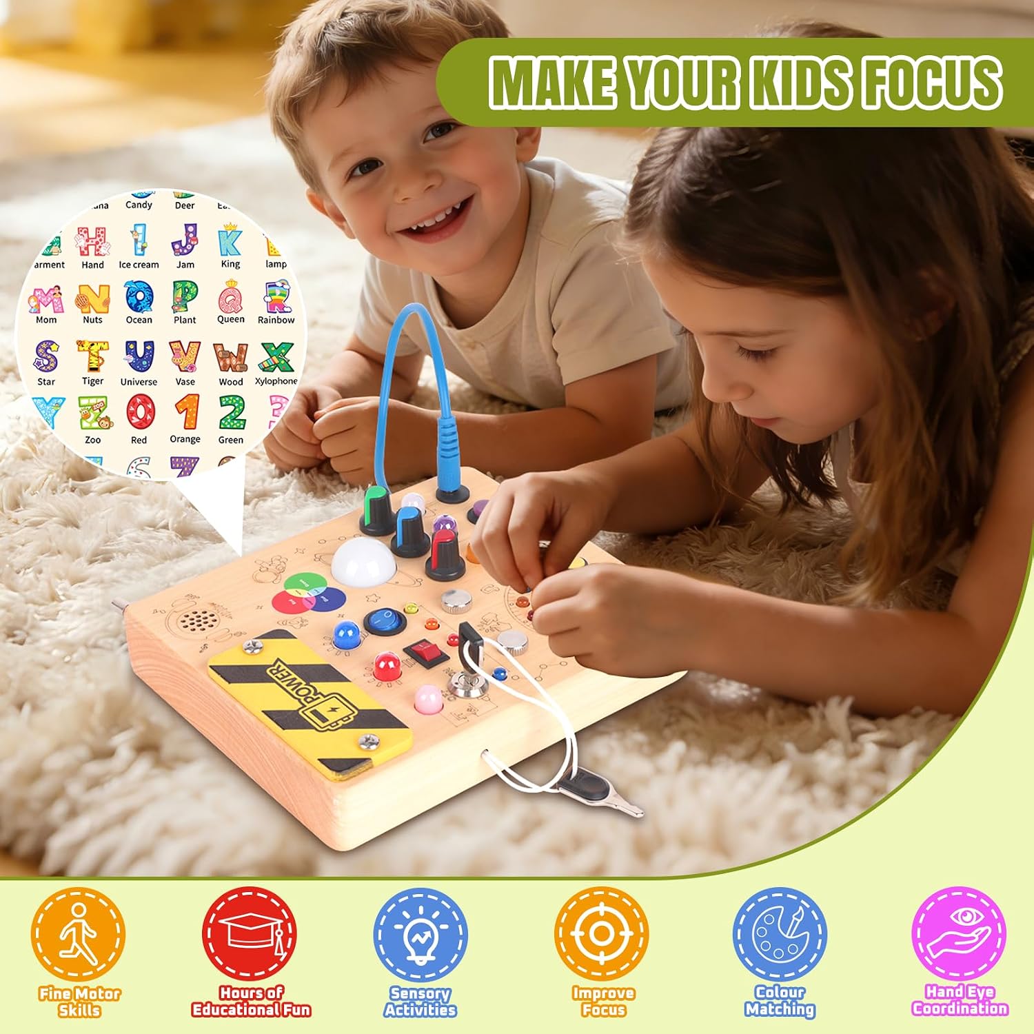 Hoarosall Montessori Leksaker Barn 1 2 3 år Busy Board med LED-strömbrytare Activity Board träleksak från 1 år motorikleksak sensorisk leksak pedagogisk Leksaker Gåvor Spel för bebisar barn