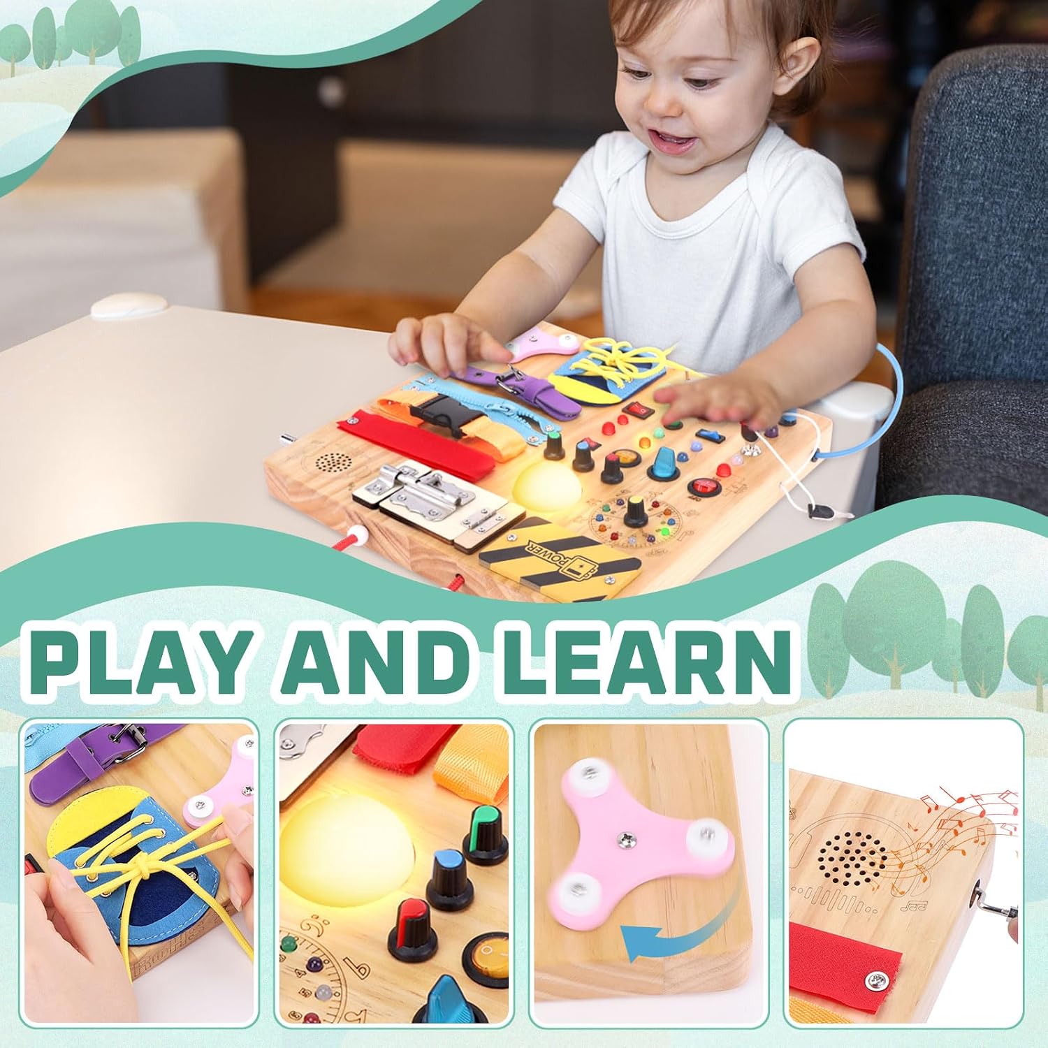 Hoarosall Montessori Leksaker Barn 1 2 3 år Busy Board med LED-strömbrytare Activity Board träleksak från 1 år motorikleksak sensorisk leksak pedagogisk Leksaker Gåvor Spel för bebisar barn