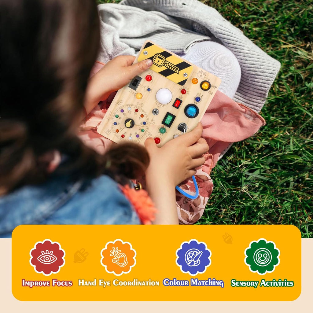 Hoarosall Montessori Leksaker Barn 1 2 3 år Busy Board med LED-strömbrytare Activity Board träleksak från 1 år motorikleksak sensorisk leksak pedagogisk Leksaker Gåvor Spel för bebisar barn