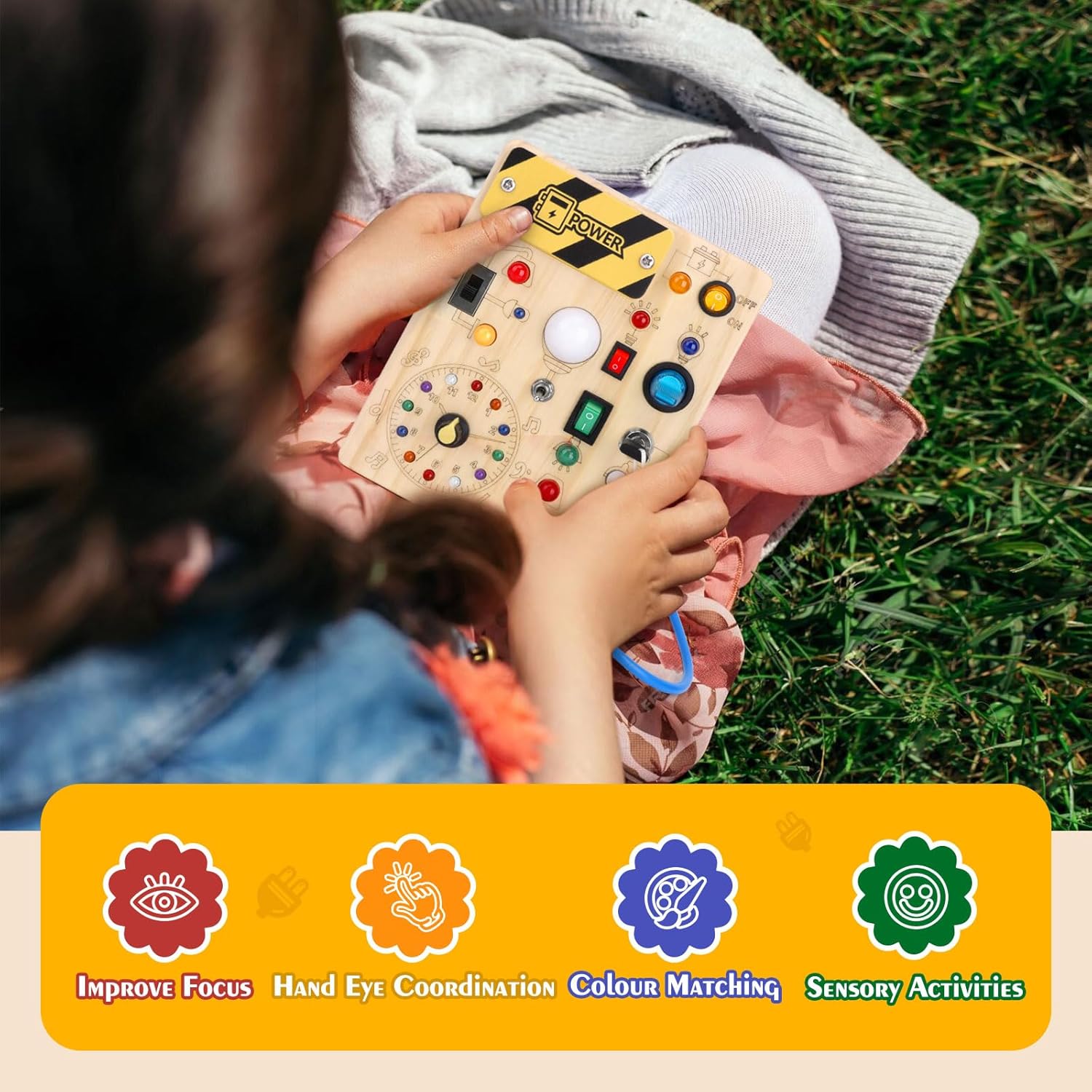 Hoarosall Montessori Leksaker Barn 1 2 3 år Busy Board med LED-strömbrytare Activity Board träleksak från 1 år motorikleksak sensorisk leksak pedagogisk Leksaker Gåvor Spel för bebisar barn
