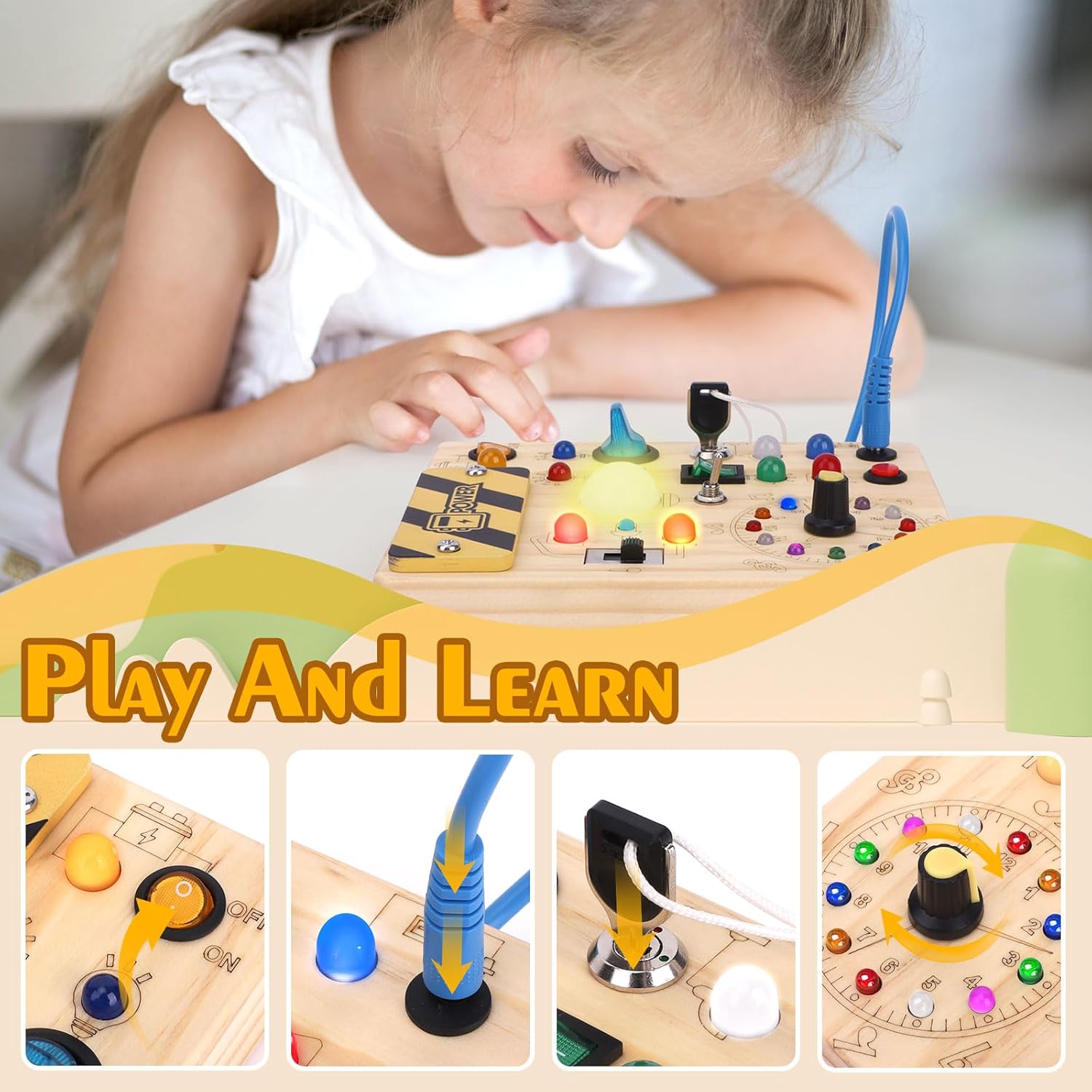 Hoarosall Montessori Leksaker Barn 1 2 3 år Busy Board med LED-strömbrytare Activity Board träleksak från 1 år motorikleksak sensorisk leksak pedagogisk Leksaker Gåvor Spel för bebisar barn