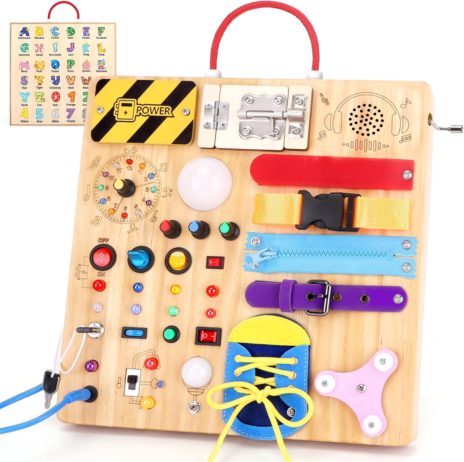 Hoarosall Montessori Leksaker Barn 1 2 3 år Busy Board med LED-strömbrytare Activity Board träleksak från 1 år motorikleksak sensorisk leksak pedagogisk Leksaker Gåvor Spel för bebisar barn