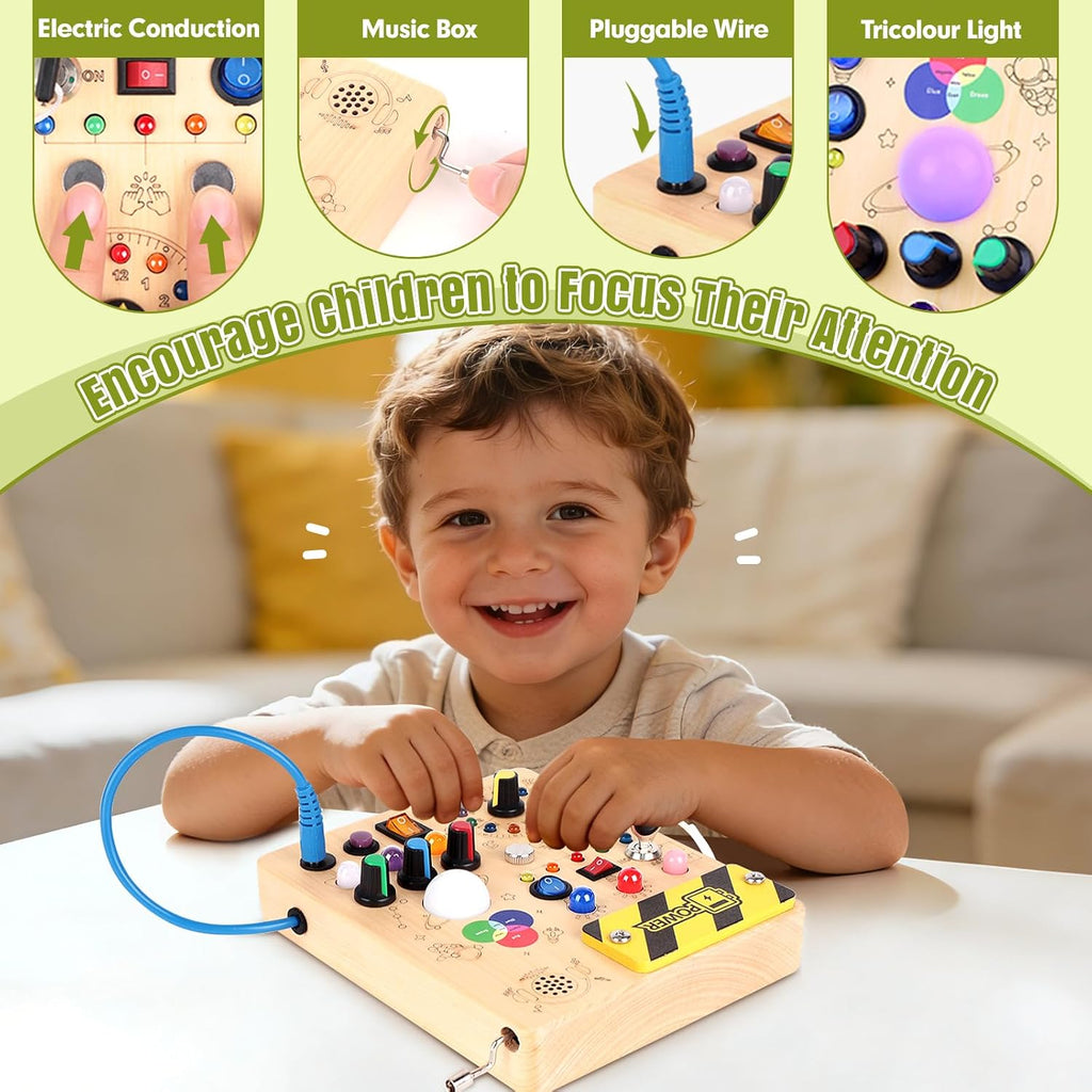 Hoarosall Montessori Leksaker Barn 1 2 3 år Busy Board med LED-strömbrytare Activity Board träleksak från 1 år motorikleksak sensorisk leksak pedagogisk Leksaker Gåvor Spel för bebisar barn
