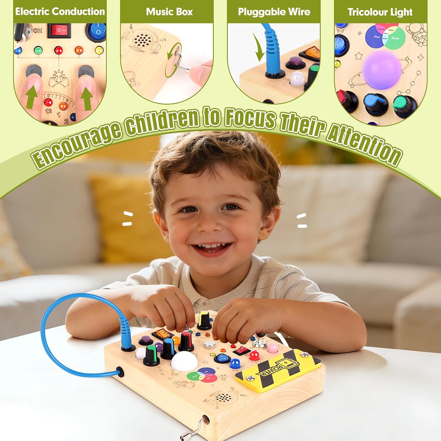 Hoarosall Montessori Leksaker Barn 1 2 3 år Busy Board med LED-strömbrytare Activity Board träleksak från 1 år motorikleksak sensorisk leksak pedagogisk Leksaker Gåvor Spel för bebisar barn