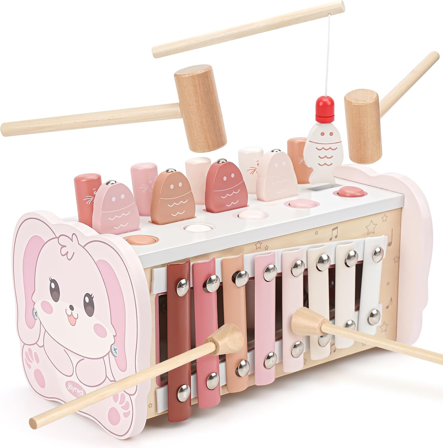 Joyreal Montessori-spel 1 år - 4 i 1 Xylofon Baby Speel, Fiske Speel, Hammarspel, Träleksak, Baby Motorik, Pedagogisk Leksak, Födelsedagspresent 1-3 År Gammal Flicka Pojke