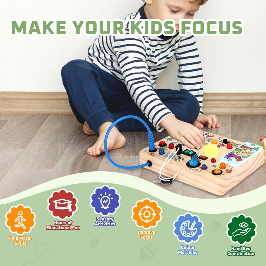 Hoarosall Montessori Leksaker Barn 1 2 3 år Busy Board med LED-strömbrytare Activity Board träleksak från 1 år motorikleksak sensorisk leksak pedagogisk Leksaker Gåvor Spel för bebisar barn
