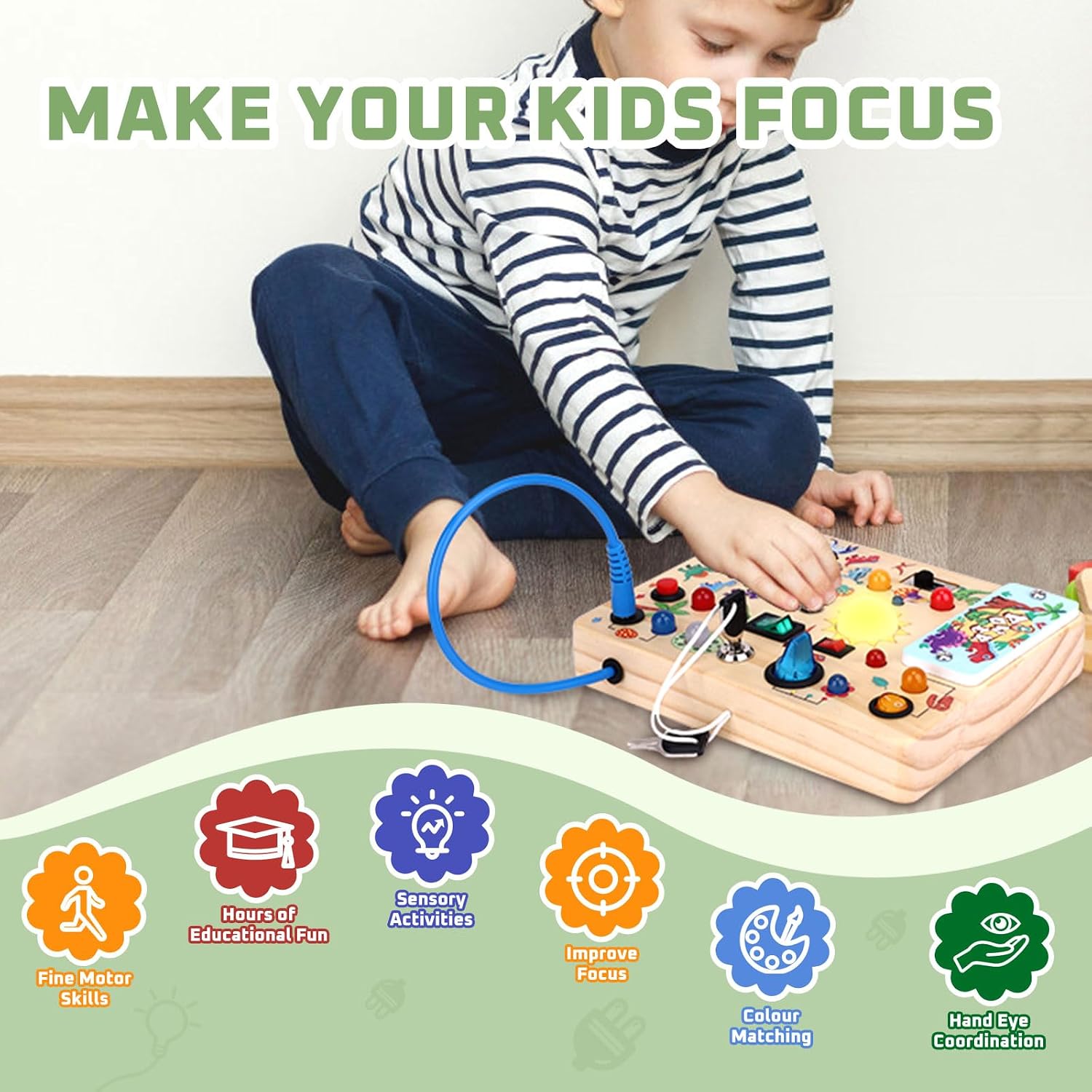 Hoarosall Montessori Leksaker Barn 1 2 3 år Busy Board med LED-strömbrytare Activity Board träleksak från 1 år motorikleksak sensorisk leksak pedagogisk Leksaker Gåvor Spel för bebisar barn