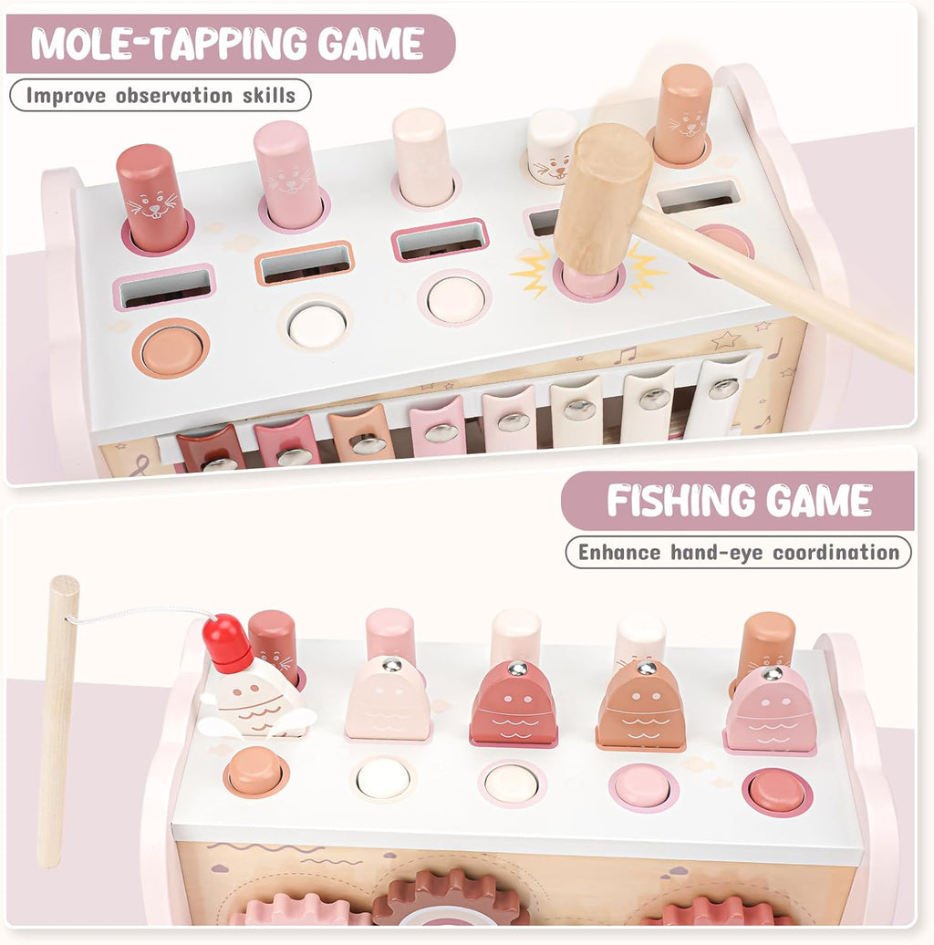 Joyreal Montessori-spel 1 år - 4 i 1 Xylofon Baby Speel, Fiske Speel, Hammarspel, Träleksak, Baby Motorik, Pedagogisk Leksak, Födelsedagspresent 1-3 År Gammal Flicka Pojke