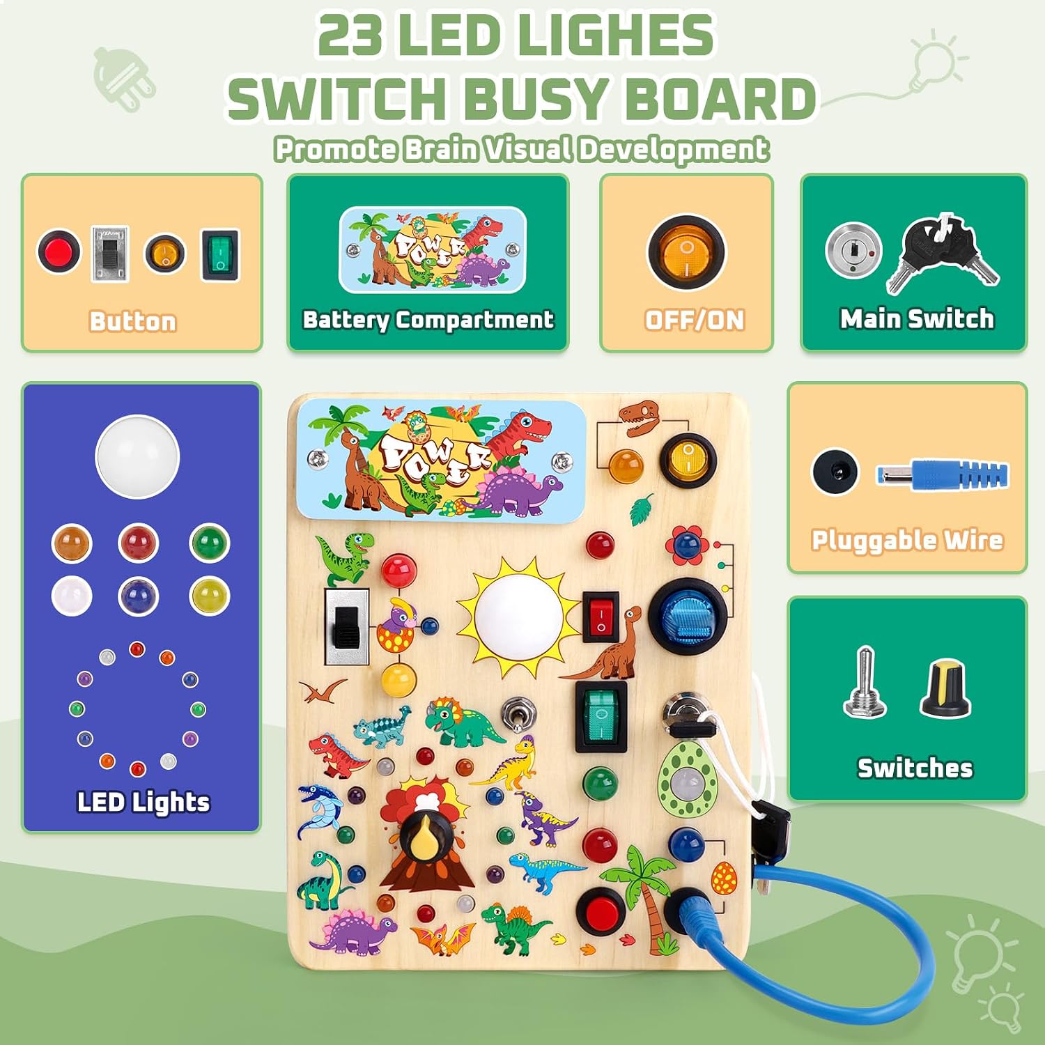 Hoarosall Montessori Leksaker Barn 1 2 3 år Busy Board med LED-strömbrytare Activity Board träleksak från 1 år motorikleksak sensorisk leksak pedagogisk Leksaker Gåvor Spel för bebisar barn
