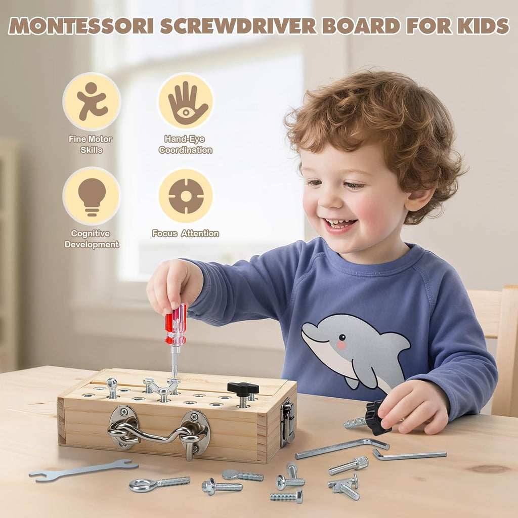Vanplay Montessori leksak från 3 4 5 år, motorikleksak, träleksak, skruvmejsel, busy board med nyckel och lås, barnleksaker, presenter för flickor och pojke
