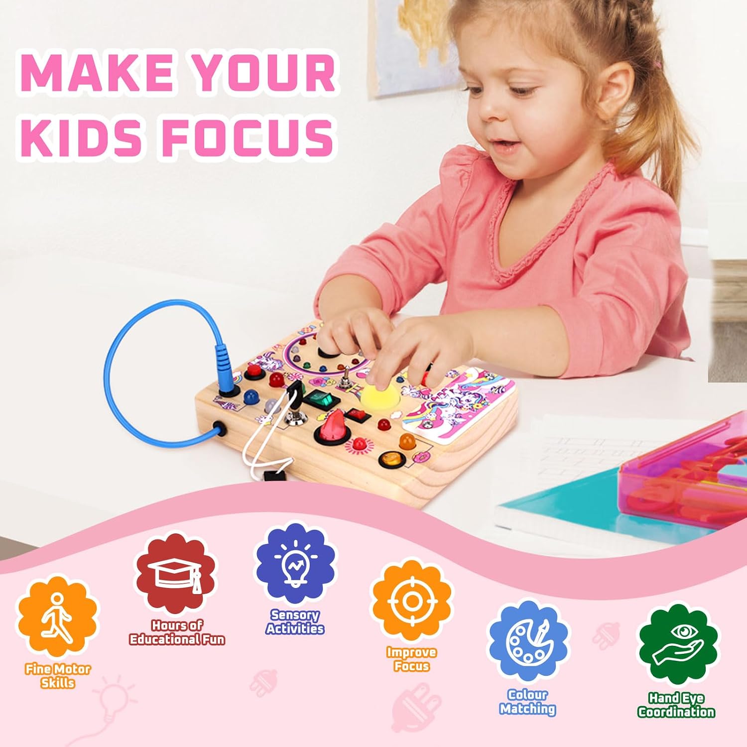 Hoarosall Montessori Leksaker Barn 1 2 3 år Busy Board med LED-strömbrytare Activity Board träleksak från 1 år motorikleksak sensorisk leksak pedagogisk Leksaker Gåvor Spel för bebisar barn