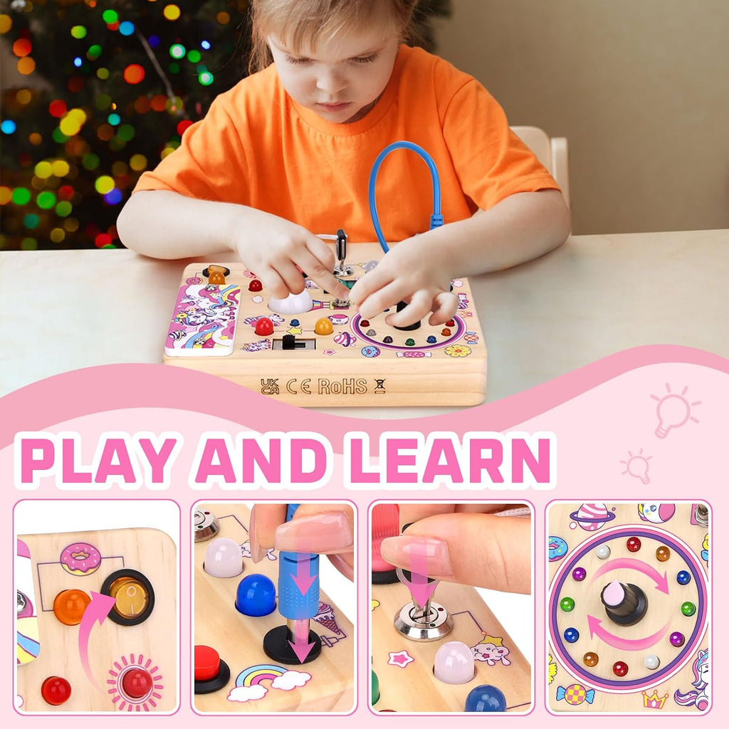 Hoarosall Montessori Leksaker Barn 1 2 3 år Busy Board med LED-strömbrytare Activity Board träleksak från 1 år motorikleksak sensorisk leksak pedagogisk Leksaker Gåvor Spel för bebisar barn