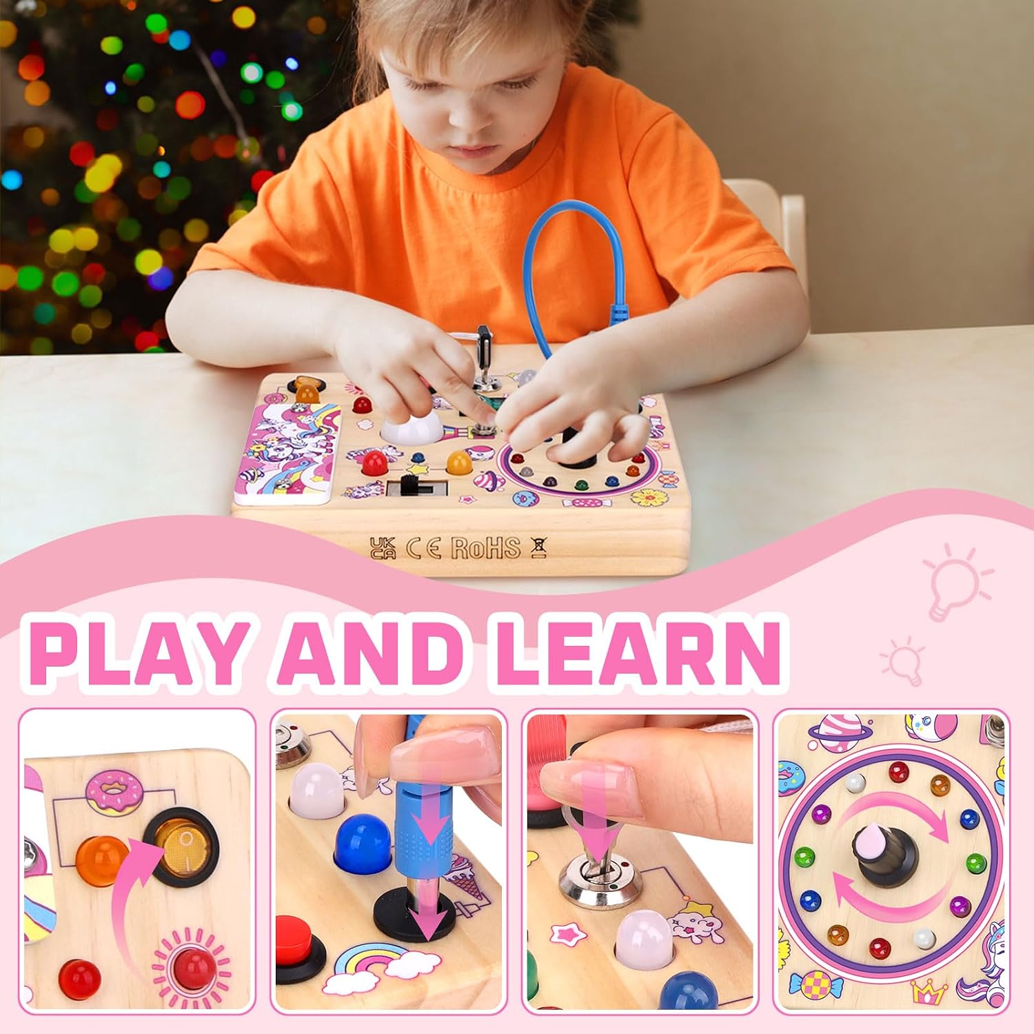 Hoarosall Montessori Leksaker Barn 1 2 3 år Busy Board med LED-strömbrytare Activity Board träleksak från 1 år motorikleksak sensorisk leksak pedagogisk Leksaker Gåvor Spel för bebisar barn