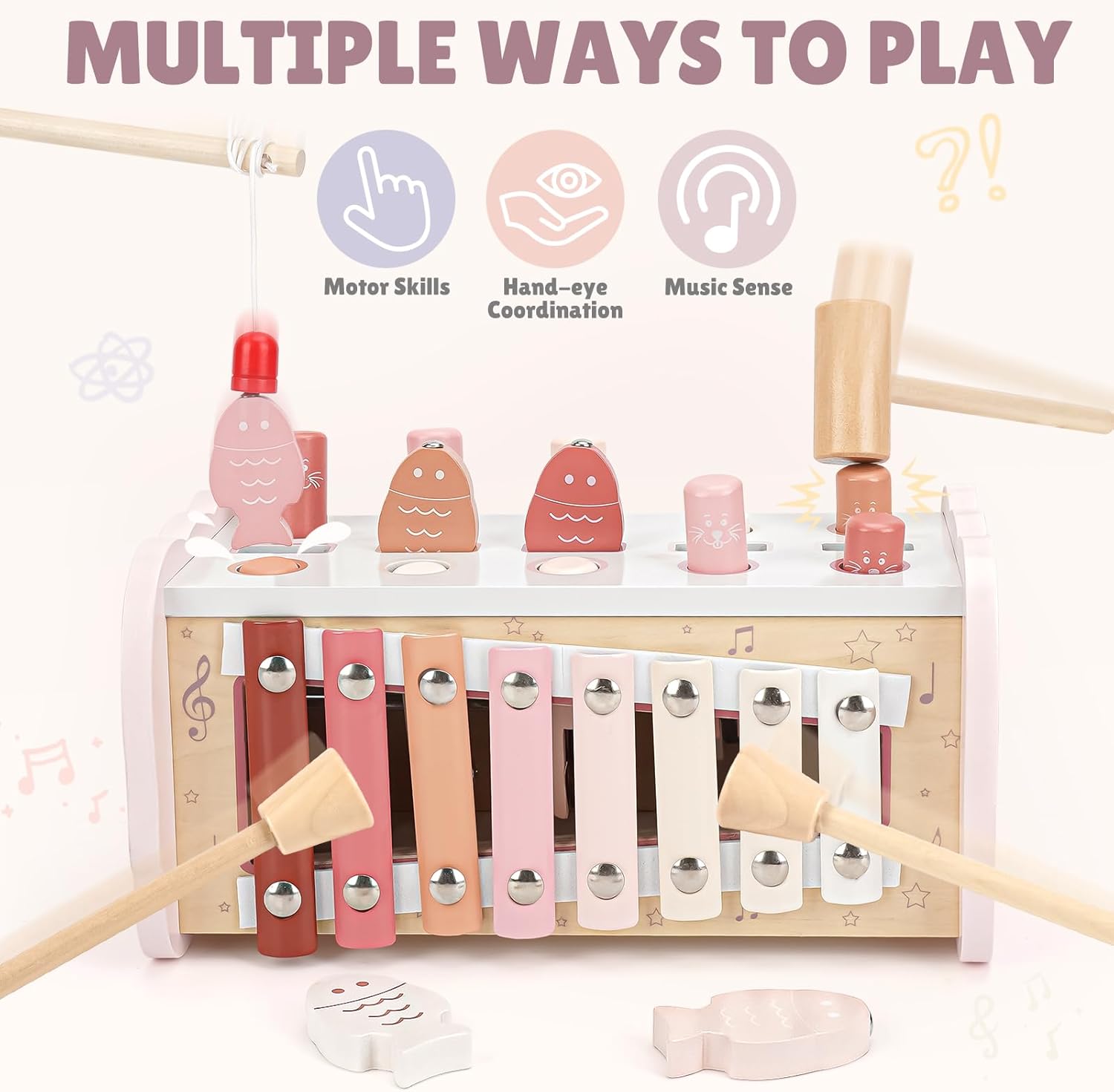Joyreal Montessori-spel 1 år - 4 i 1 Xylofon Baby Speel, Fiske Speel, Hammarspel, Träleksak, Baby Motorik, Pedagogisk Leksak, Födelsedagspresent 1-3 År Gammal Flicka Pojke