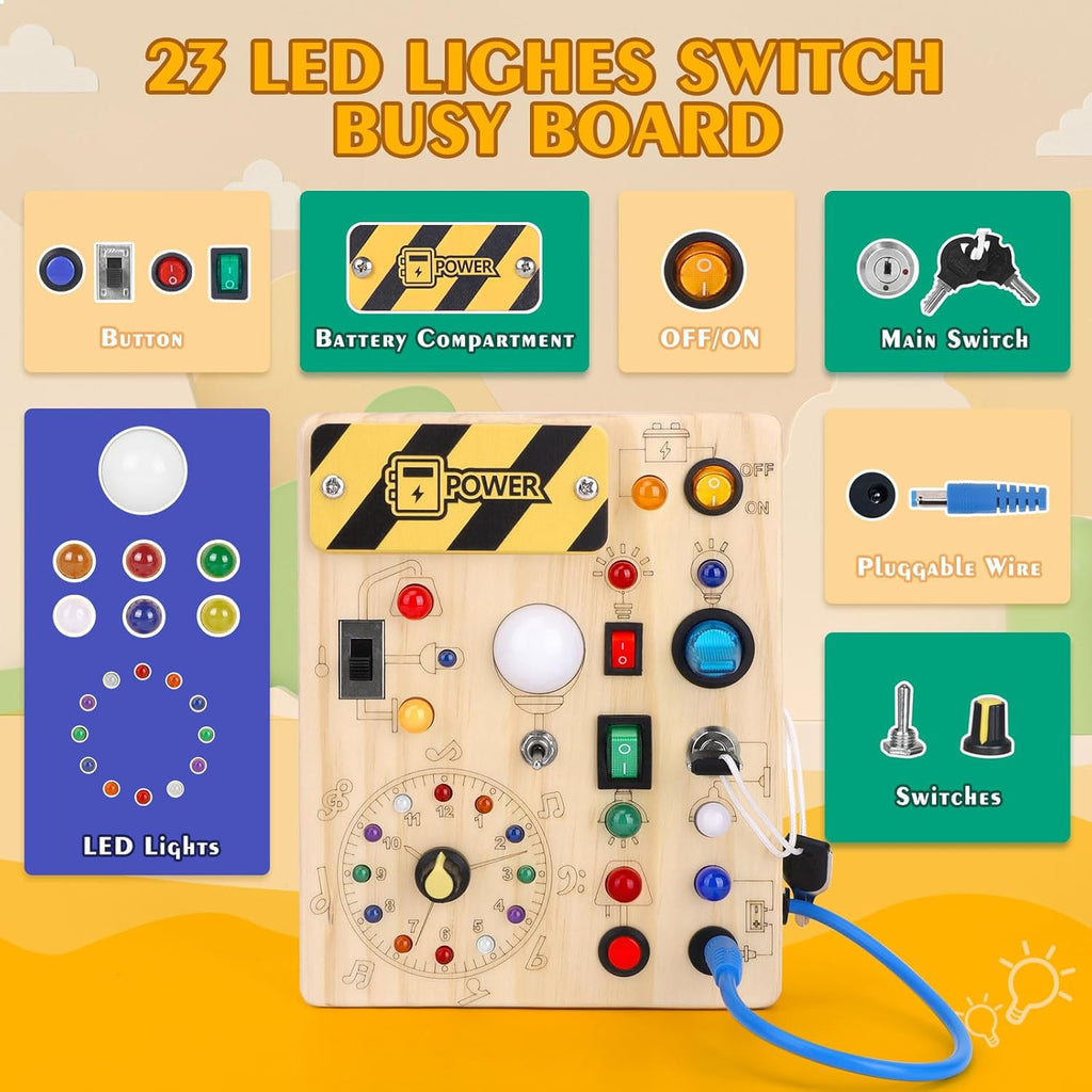 Hoarosall Montessori Leksaker Barn 1 2 3 år Busy Board med LED-strömbrytare Activity Board träleksak från 1 år motorikleksak sensorisk leksak pedagogisk Leksaker Gåvor Spel för bebisar barn