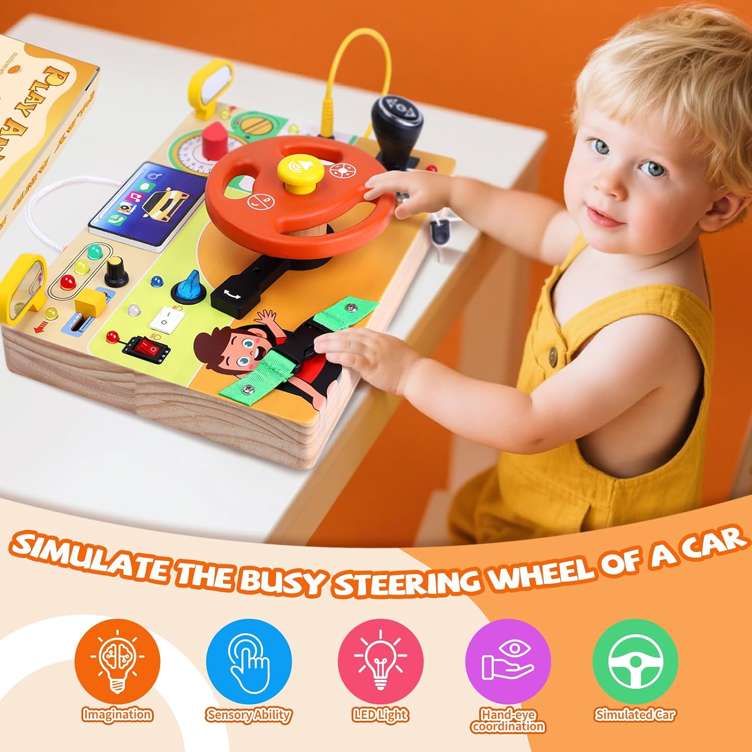 Hoarosall Montessori Leksaker Barn 1 2 3 år Busy Board med LED-strömbrytare Activity Board träleksak från 1 år motorikleksak sensorisk leksak pedagogisk Leksaker Gåvor Spel för bebisar barn