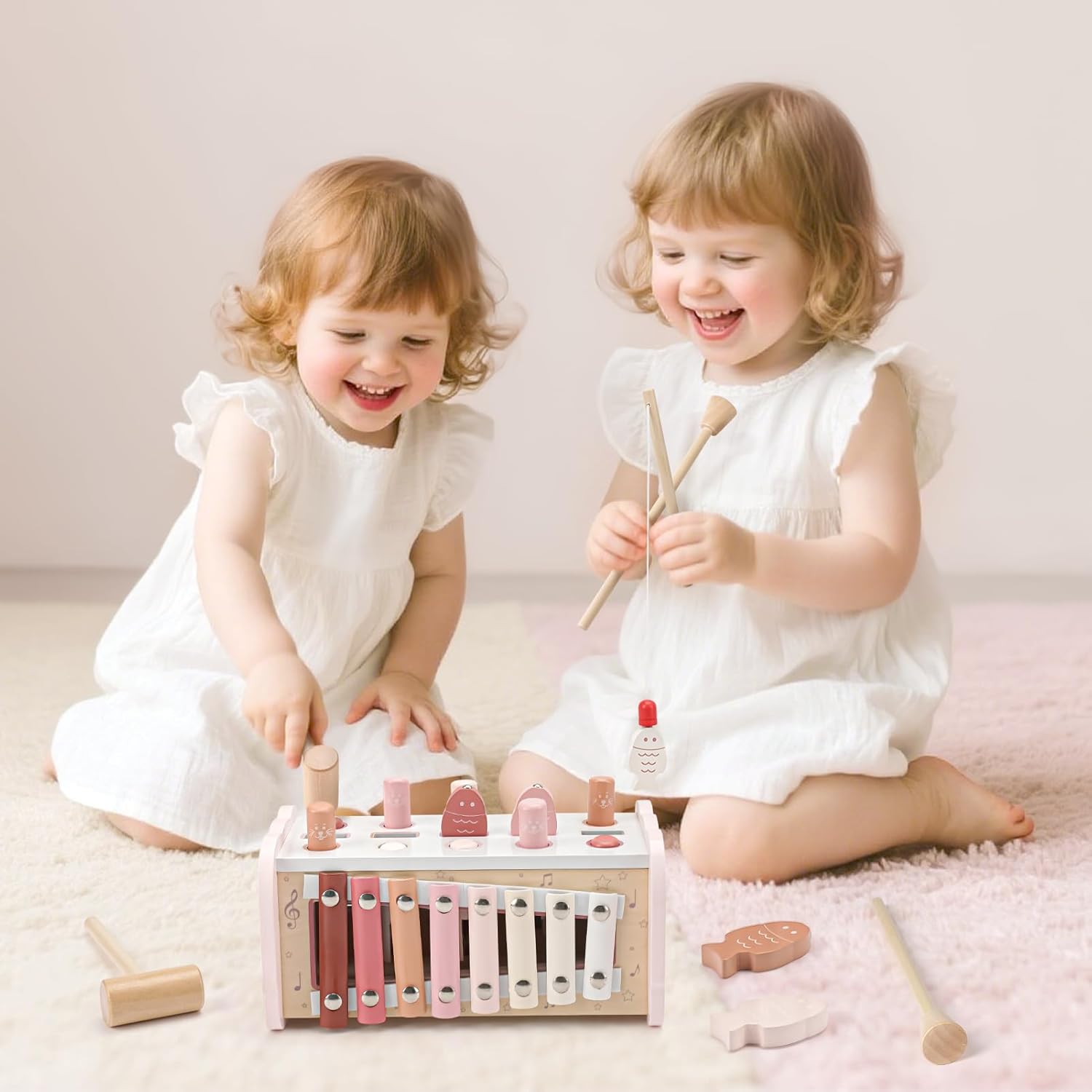 Joyreal Montessori-spel 1 år - 4 i 1 Xylofon Baby Speel, Fiske Speel, Hammarspel, Träleksak, Baby Motorik, Pedagogisk Leksak, Födelsedagspresent 1-3 År Gammal Flicka Pojke