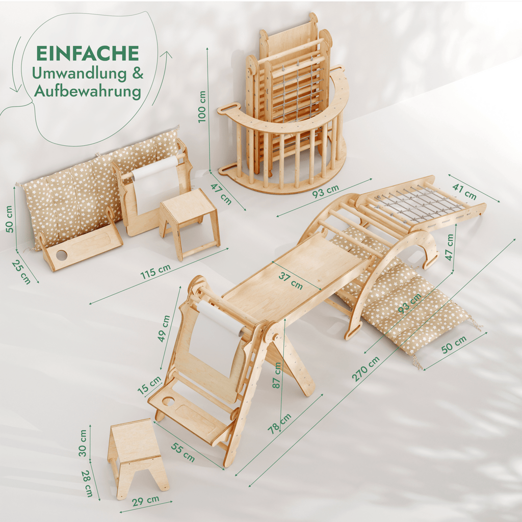 7in1 Montessori Klettergerüst Set: Kletterdreieck, Kletterbogen mit Kissen, Rutsche, Kletternetz, Maltafel und Kinderstuhl, für Kinder 1-7 Jahre – Beige