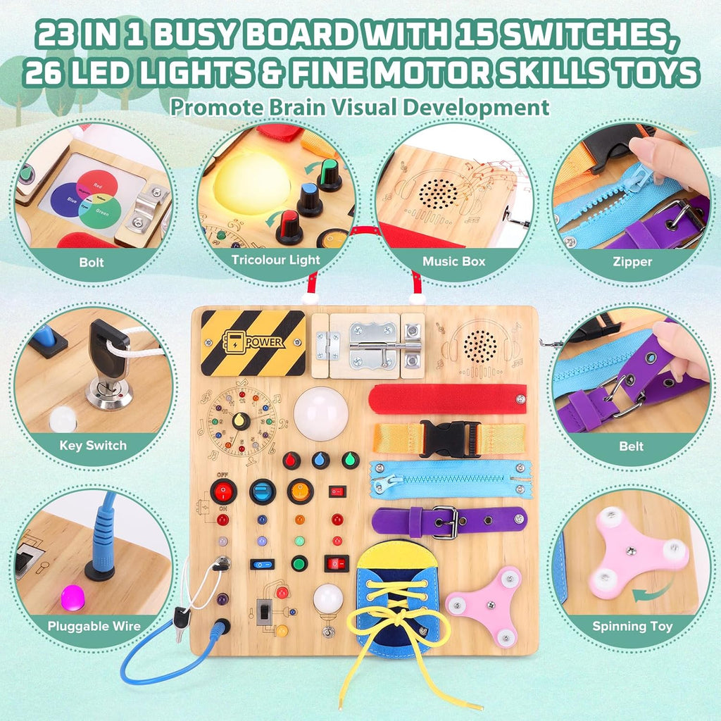Hoarosall Montessori Leksaker Barn 1 2 3 år Busy Board med LED-strömbrytare Activity Board träleksak från 1 år motorikleksak sensorisk leksak pedagogisk Leksaker Gåvor Spel för bebisar barn