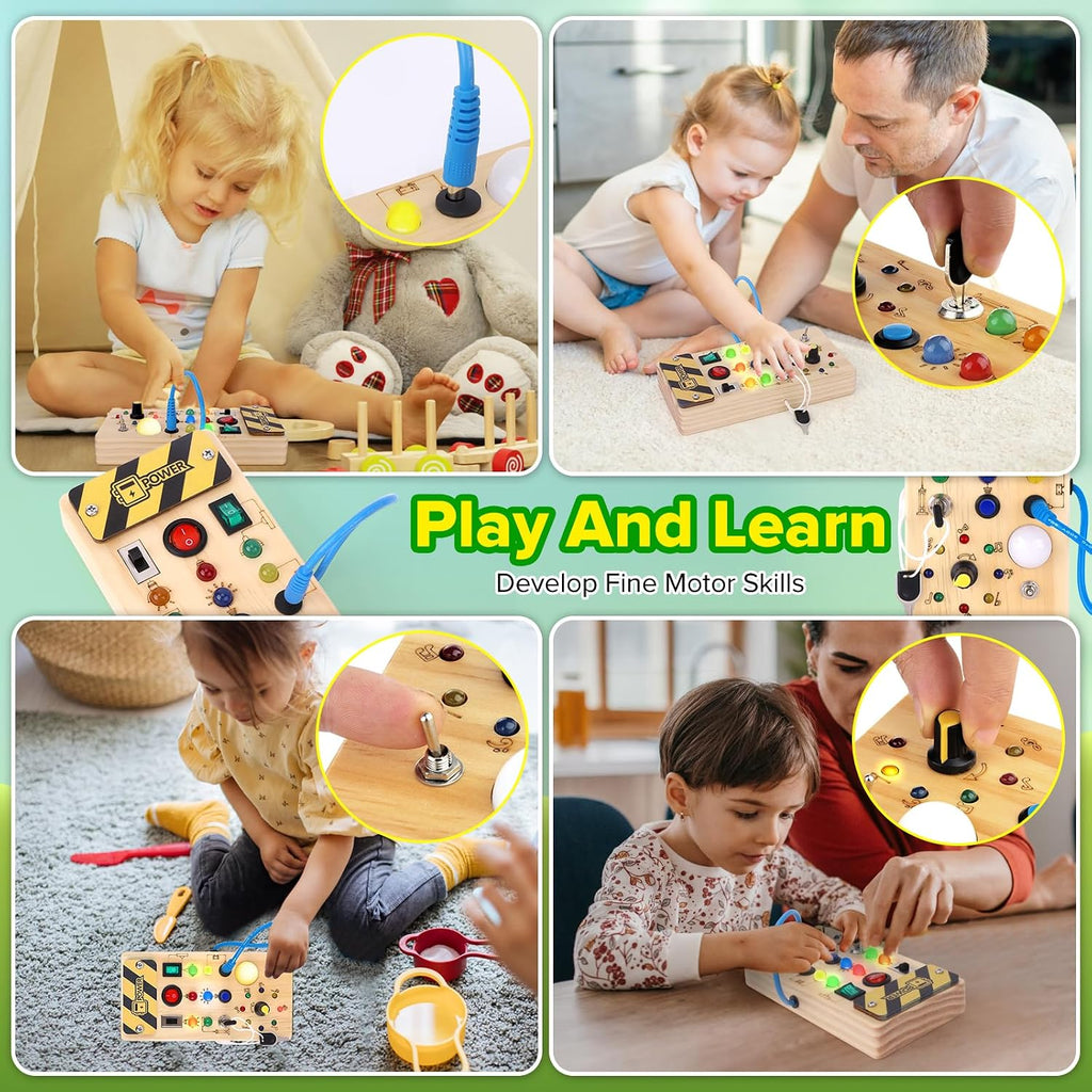 Hoarosall Montessori Leksaker Barn 1 2 3 år Busy Board med LED-strömbrytare Activity Board träleksak från 1 år motorikleksak sensorisk leksak pedagogisk Leksaker Gåvor Spel för bebisar barn