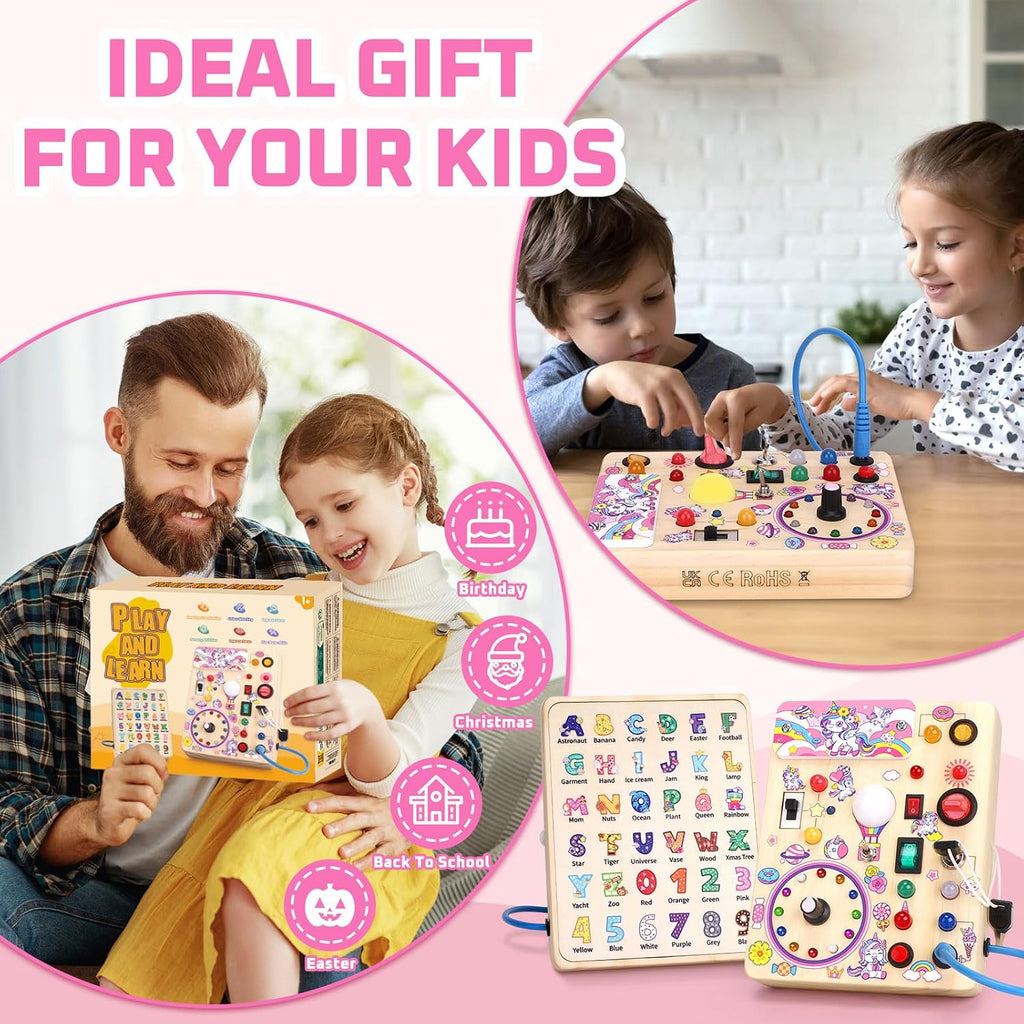 Hoarosall Montessori Leksaker Barn 1 2 3 år Busy Board med LED-strömbrytare Activity Board träleksak från 1 år motorikleksak sensorisk leksak pedagogisk Leksaker Gåvor Spel för bebisar barn