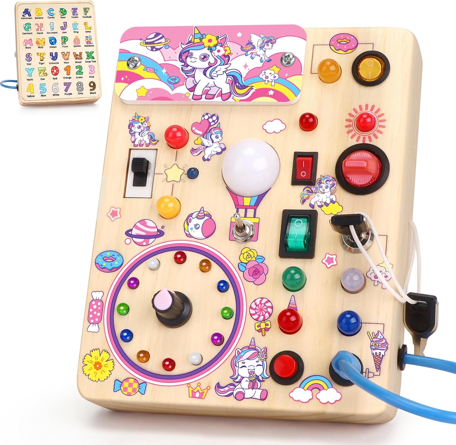 Hoarosall Montessori Leksaker Barn 1 2 3 år Busy Board med LED-strömbrytare Activity Board träleksak från 1 år motorikleksak sensorisk leksak pedagogisk Leksaker Gåvor Spel för bebisar barn
