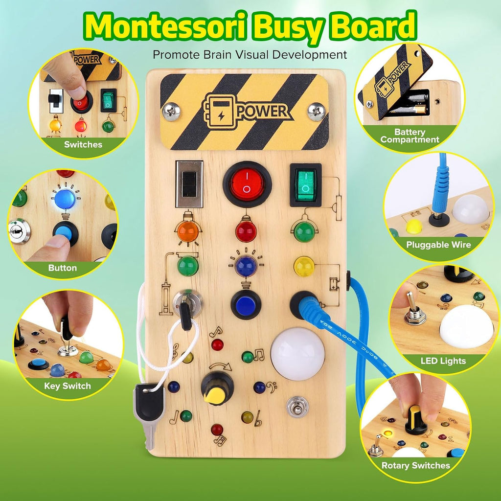 Hoarosall Montessori Leksaker Barn 1 2 3 år Busy Board med LED-strömbrytare Activity Board träleksak från 1 år motorikleksak sensorisk leksak pedagogisk Leksaker Gåvor Spel för bebisar barn