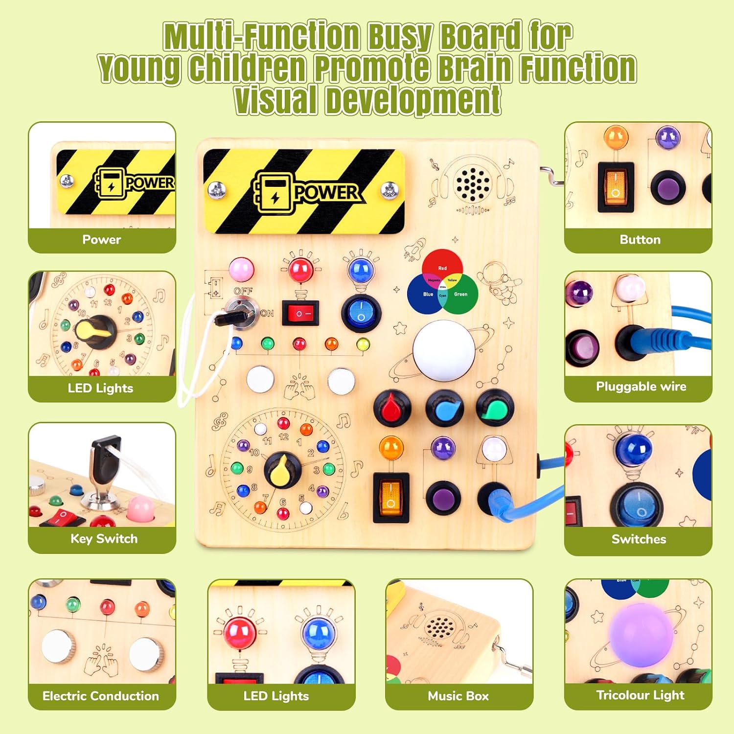 Hoarosall Montessori Leksaker Barn 1 2 3 år Busy Board med LED-strömbrytare Activity Board träleksak från 1 år motorikleksak sensorisk leksak pedagogisk Leksaker Gåvor Spel för bebisar barn