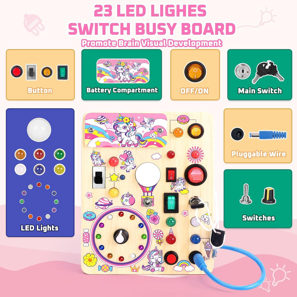 Hoarosall Montessori Leksaker Barn 1 2 3 år Busy Board med LED-strömbrytare Activity Board träleksak från 1 år motorikleksak sensorisk leksak pedagogisk Leksaker Gåvor Spel för bebisar barn