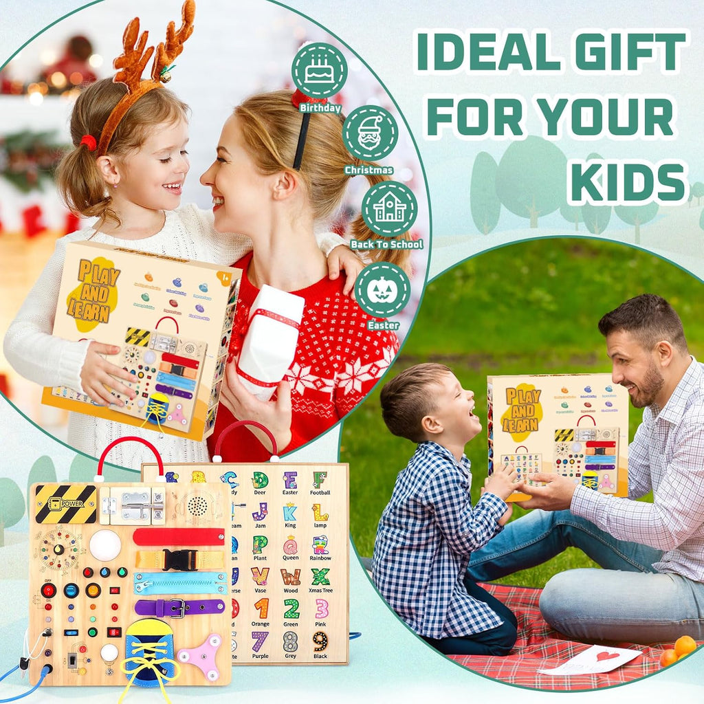 Hoarosall Montessori Leksaker Barn 1 2 3 år Busy Board med LED-strömbrytare Activity Board träleksak från 1 år motorikleksak sensorisk leksak pedagogisk Leksaker Gåvor Spel för bebisar barn