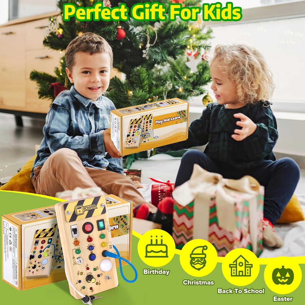 Hoarosall Montessori Leksaker Barn 1 2 3 år Busy Board med LED-strömbrytare Activity Board träleksak från 1 år motorikleksak sensorisk leksak pedagogisk Leksaker Gåvor Spel för bebisar barn