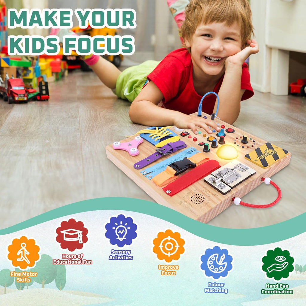 Hoarosall Montessori Leksaker Barn 1 2 3 år Busy Board med LED-strömbrytare Activity Board träleksak från 1 år motorikleksak sensorisk leksak pedagogisk Leksaker Gåvor Spel för bebisar barn