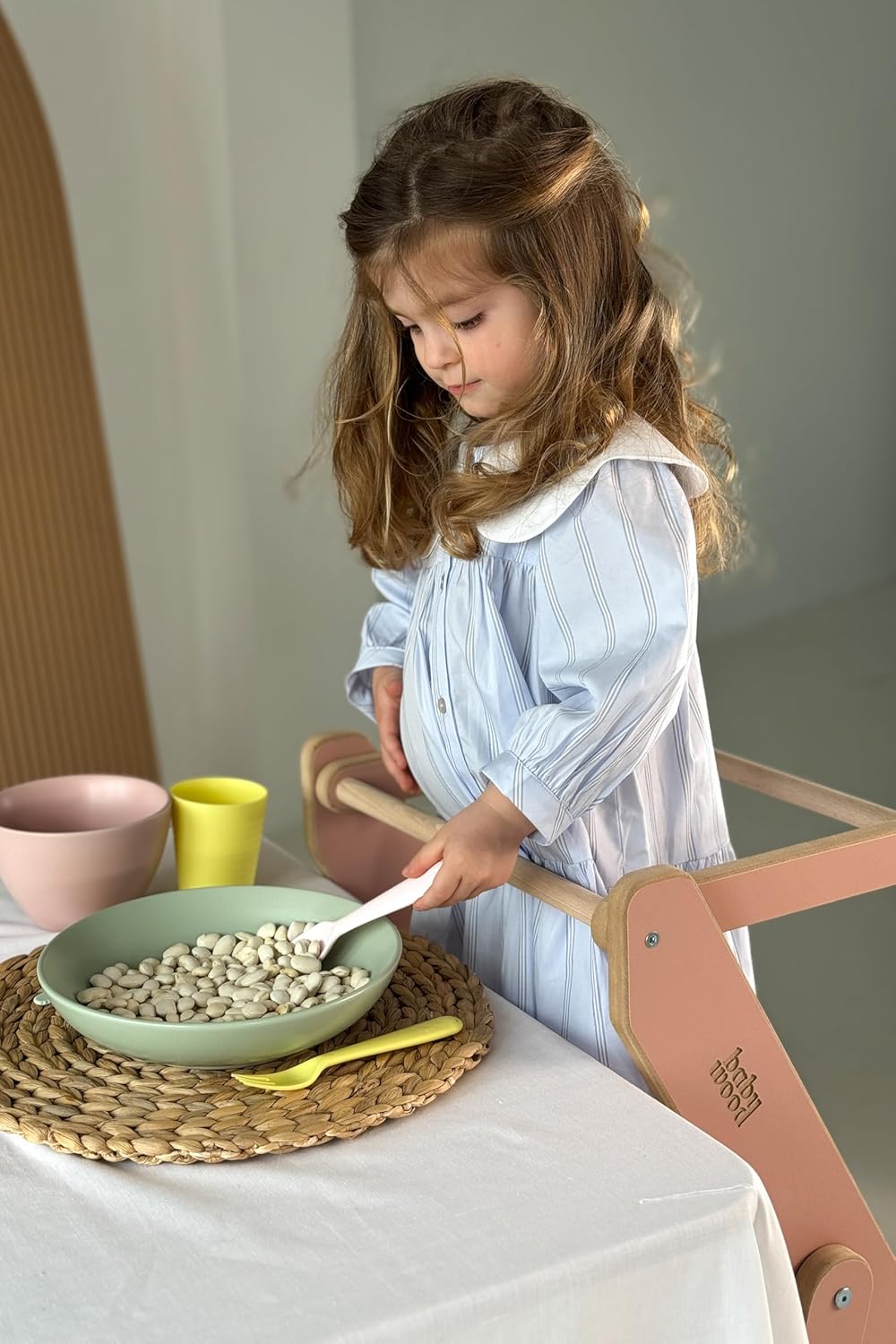 Lärotorn, hopfällbart av trä, kökstorn, kökshjälpare, Montessori-lärotorn, litet (olivgrönt)