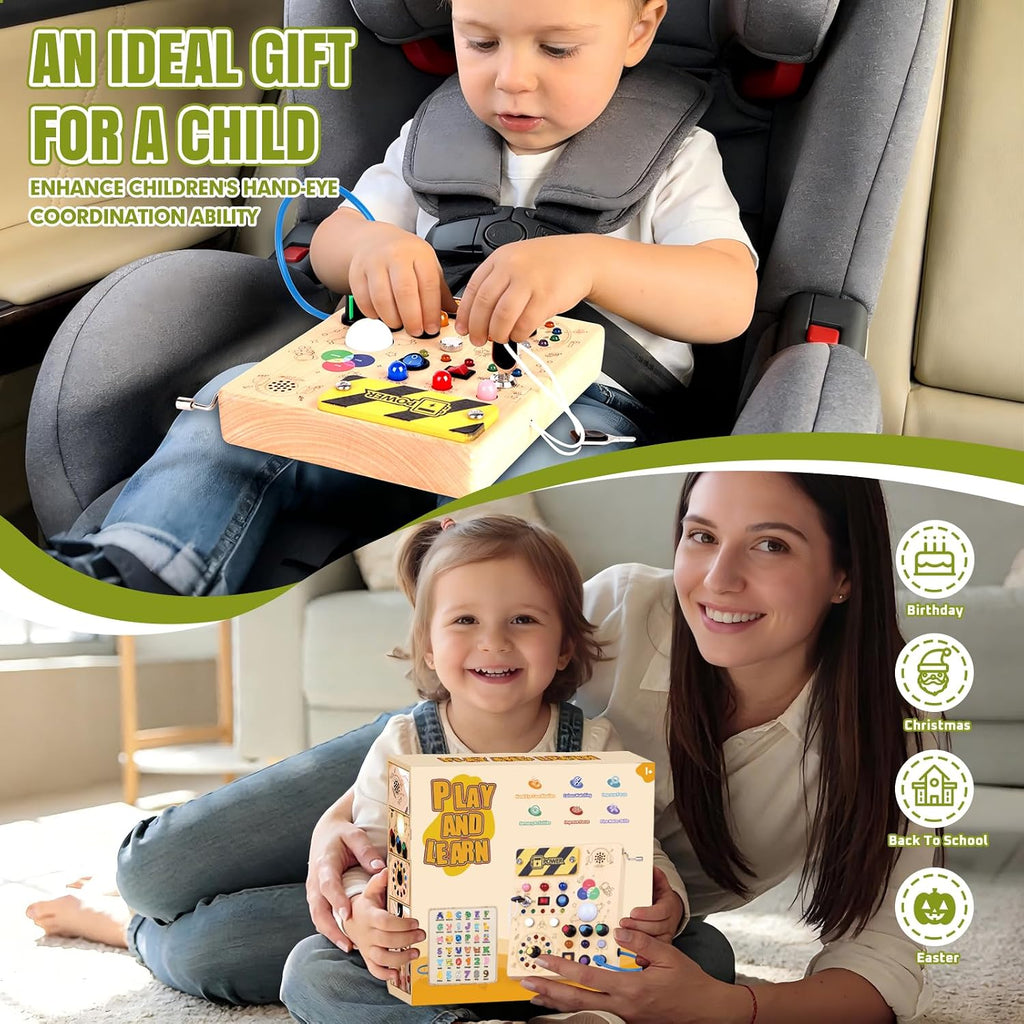 Hoarosall Montessori Leksaker Barn 1 2 3 år Busy Board med LED-strömbrytare Activity Board träleksak från 1 år motorikleksak sensorisk leksak pedagogisk Leksaker Gåvor Spel för bebisar barn