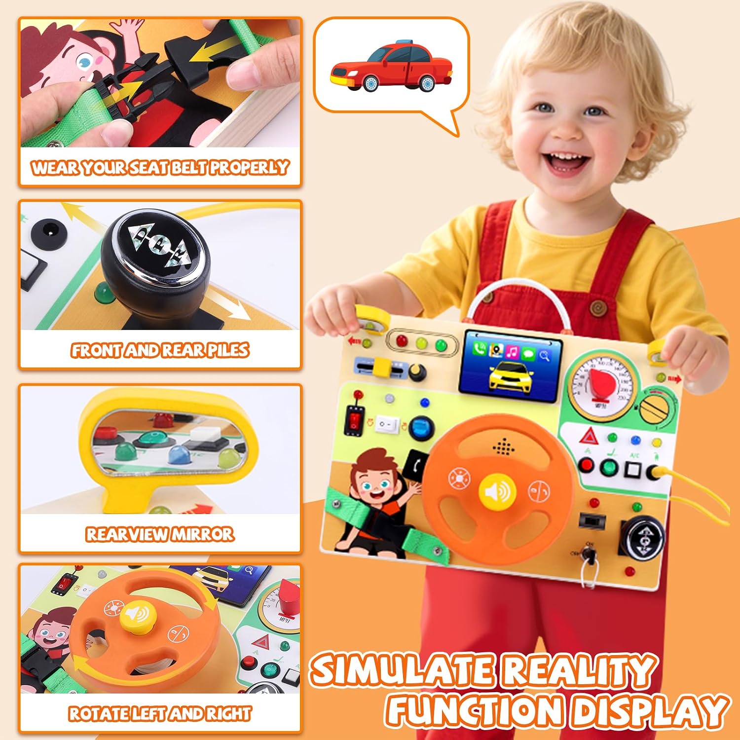 Hoarosall Montessori Leksaker Barn 1 2 3 år Busy Board med LED-strömbrytare Activity Board träleksak från 1 år motorikleksak sensorisk leksak pedagogisk Leksaker Gåvor Spel för bebisar barn