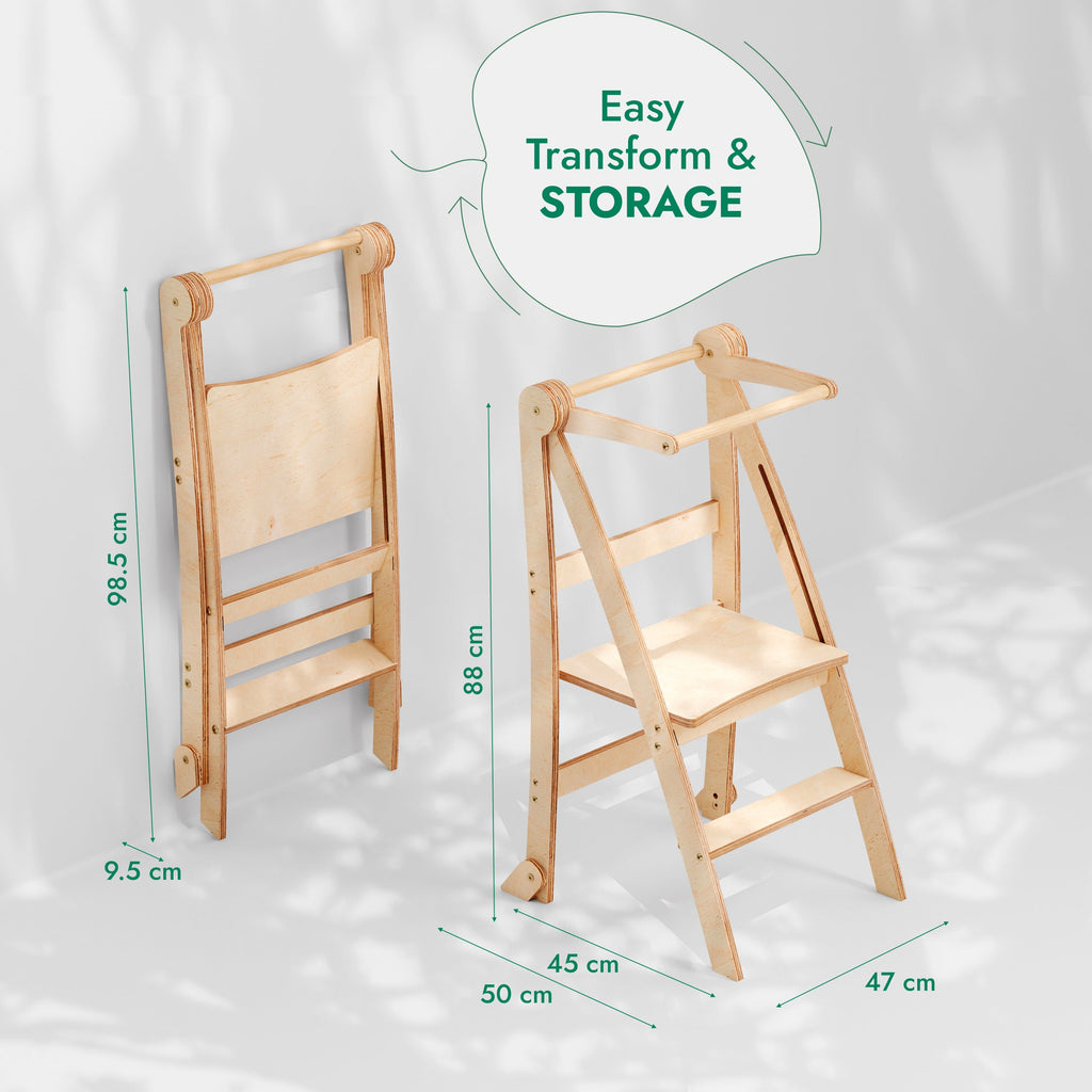Folding Helping Stool – Montessori Growing Chair with Safety Rails for Toddlers – Grey