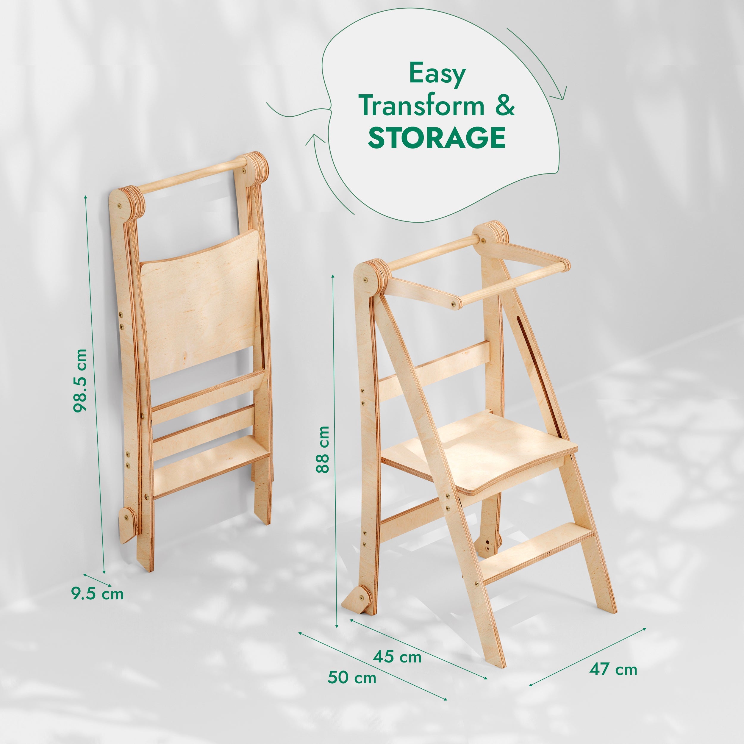 Folding Helping Stool – Montessori Growing Chair with Safety Rails for Toddlers – Grey